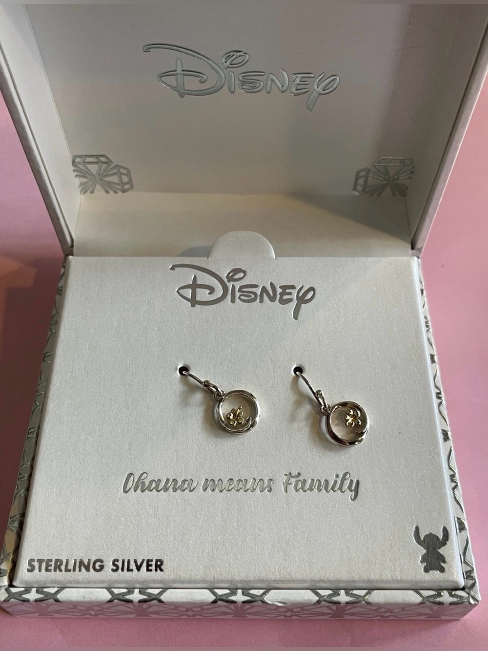 Disney Sterling Silver Ohana Means Family Flower Dangling Pierced Earrings NEW
